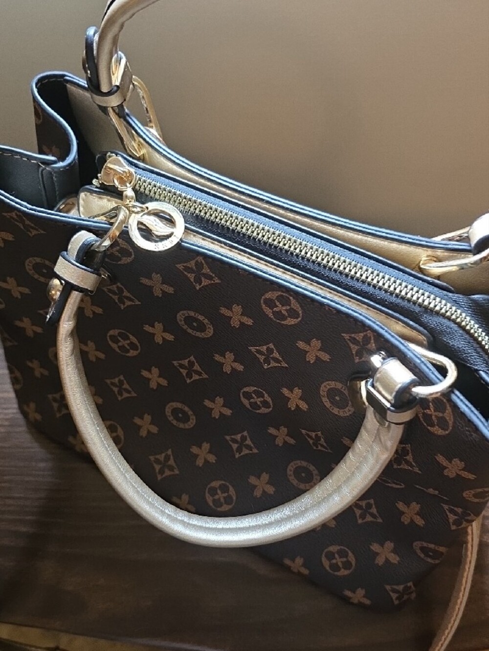 Brown Monogram Satchel Handbag with Gold Accents - Picture 12 of 16